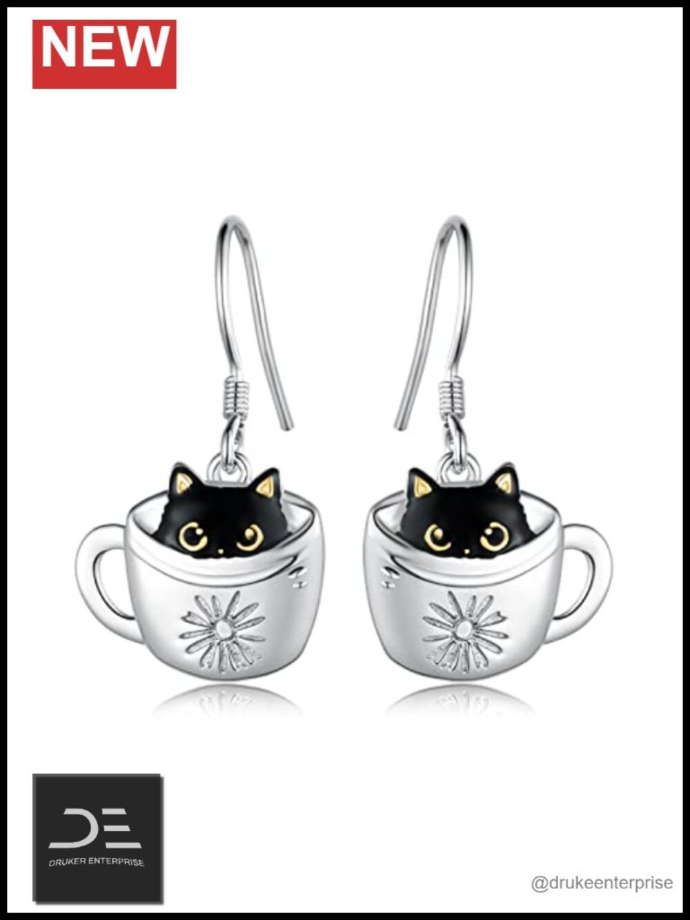925 Sterling Silver Black Cat Dangle Earrings Cute Cup Animal Jewelry Gift for
